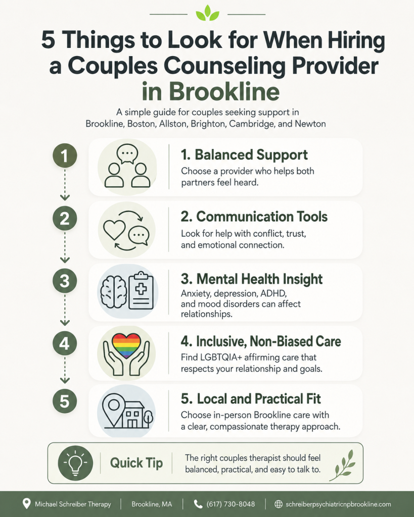 5 Things to Look for When Hiring a Couples Counseling Provider in Brookline Infographic | Michael Schreiber therapy