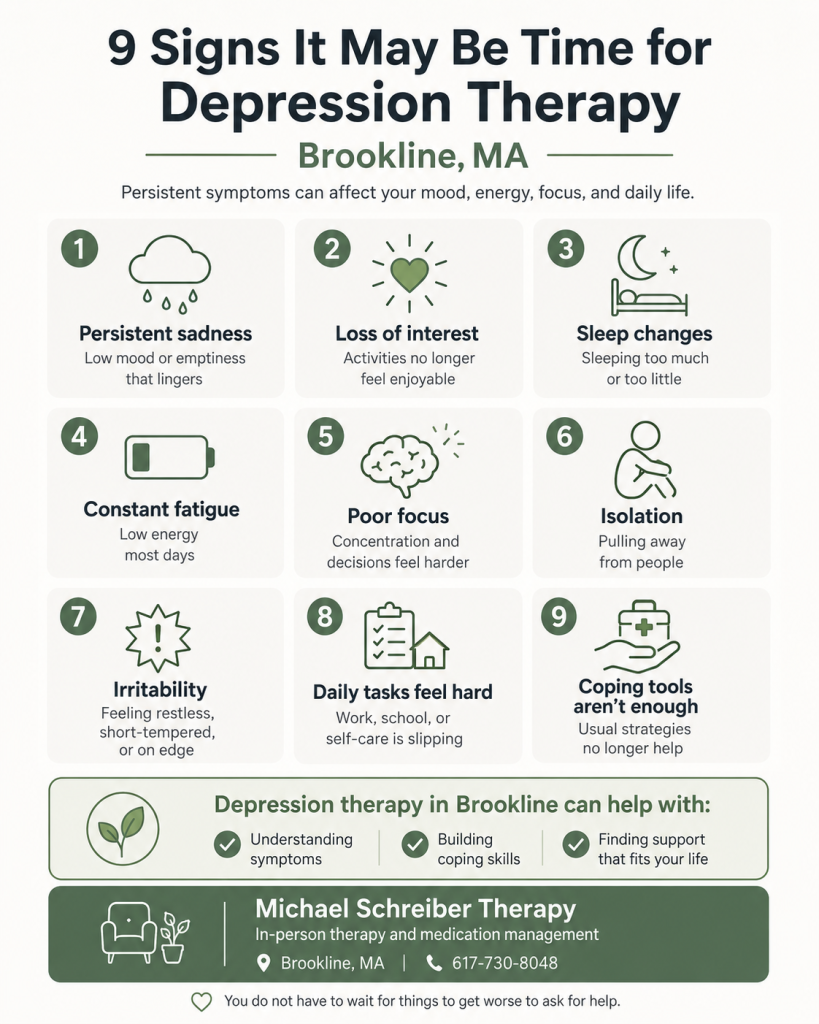 9 Signs it May Be Time for Depression Therapy in Brookline Infographic | Michael Schreiber Therapy in Brookline, MA
