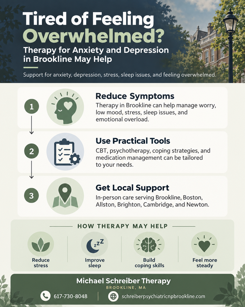 Tired of Feeling Overwhelmed? Therapy for Anxiety and Depression in Brookline May Help infographic | Michael Schreiber Therapy